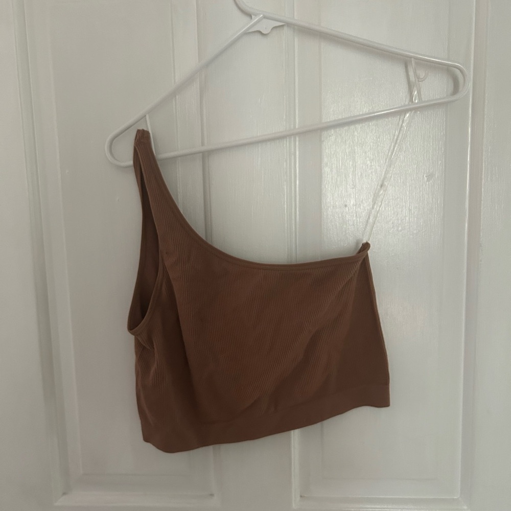 one strap brown crop tank